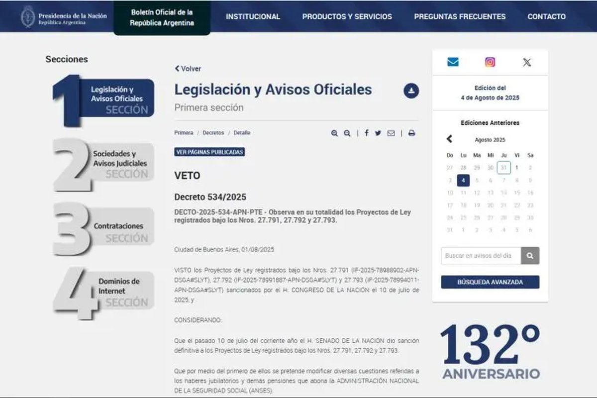 El Gobierno vet&oacute; las leyes de aumento a jubilaciones, moratoria y emergencia en discapacidad