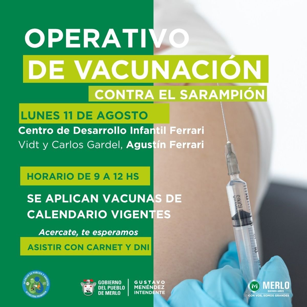 Contin&uacute;a la campa&ntilde;a de vacunaci&oacute;n contra el sarampi&oacute;n en Merlo.