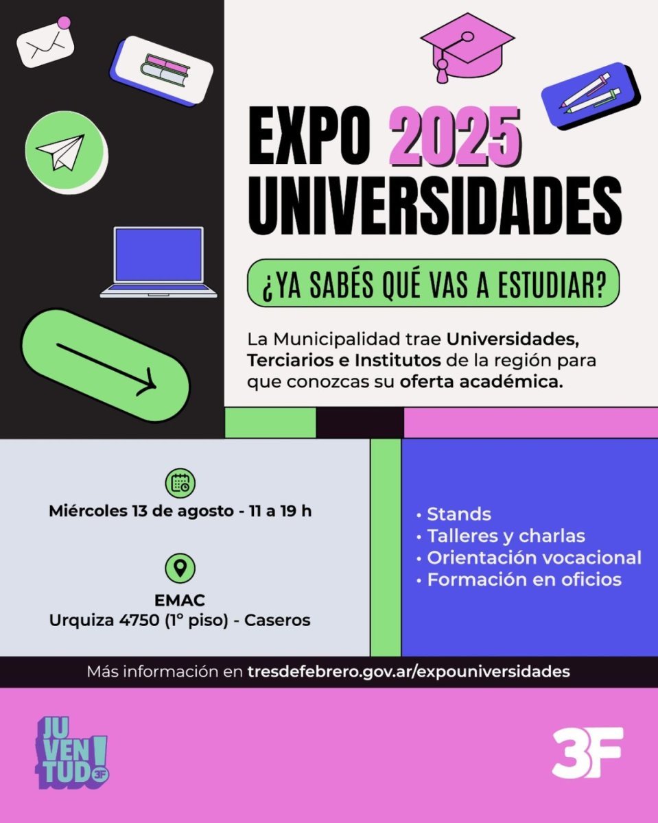 Llega la Expo Universidades a Tres de Febrero con talleres, orientaci&oacute;n vocacional y m&aacute;s.