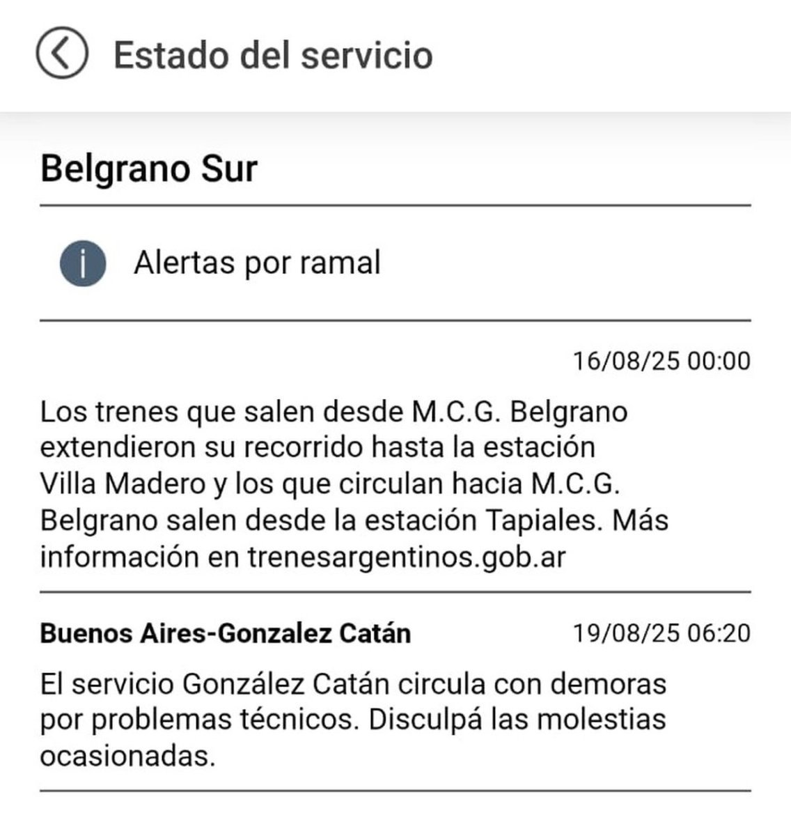 Estado de servicio tren Belgrano Sur