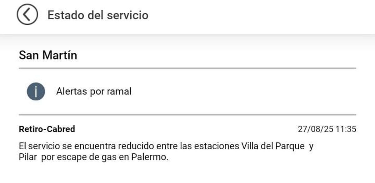 Por un escape de gas en Palermo, el Tren San Mart&iacute;n funciona con servicio limitado.