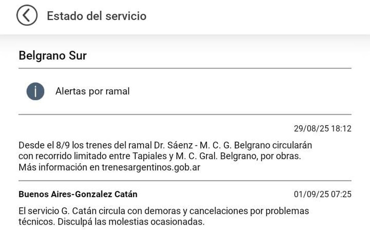 Demoras y cancelaciones en el Belgrano Sur para este lunes lluvioso.