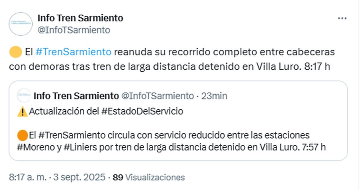El Tren Sarmiento circula con demoras tras obstrucci&oacute;n de v&iacute;as en Villa Luro.