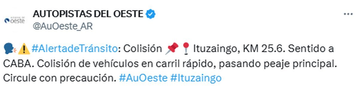 Hay demoras en Acceso Oeste por un accidente a la altura de Ituzaing&oacute;.