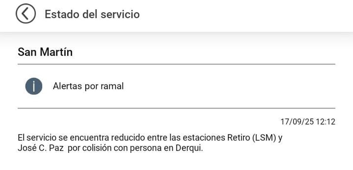 Servicio reducido en el Tren San Mart&iacute;n.